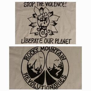 vintage 90s Patagonia Liberate Planet No WTO t-shirt Rocky Mountain Peace Sign
